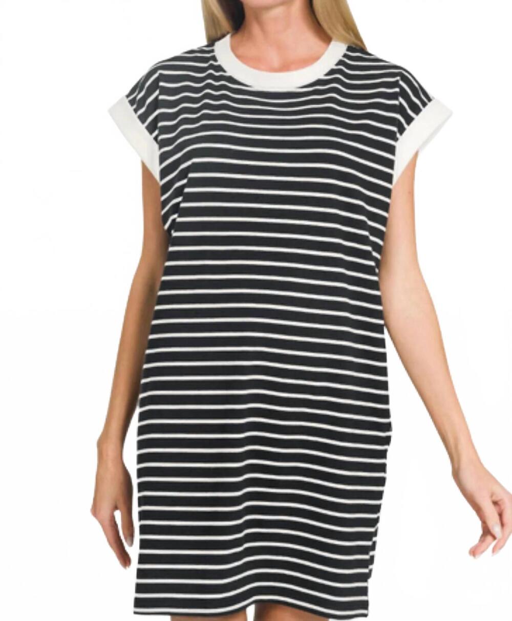 NEW ZENANA contrast trim striped t-shirt dress with pockets in black